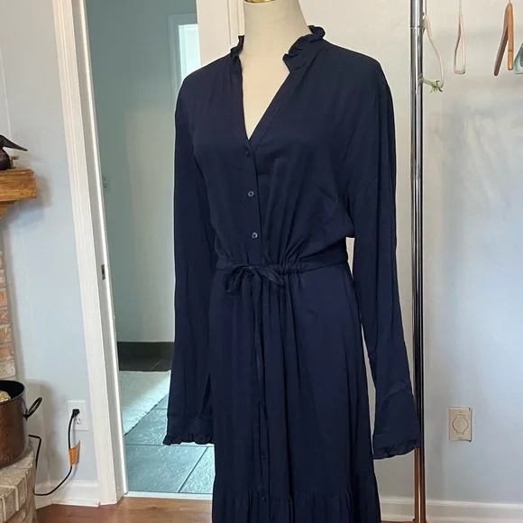 Chaps est 1978, Navy Button-Front,Ruffle-Cuff,Shirt-Dress,Tie-Waist ,EUC,Size XL - Picture 7 of 14